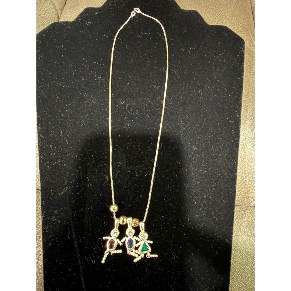 Sterling Silver 925‎ Three kids Pendant Necklace Multi precious Gemstone 17 Inch